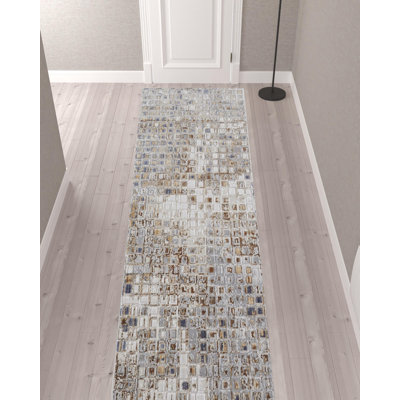 12' Tan Ivory And Blue Geometric Power Loom Distressed Runner Rug
