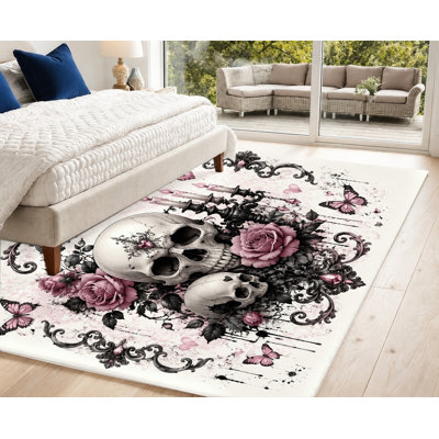 Tapis papillon gothique avec tête de mort rose et rose foncé et crâne avec motif décoratif papillon