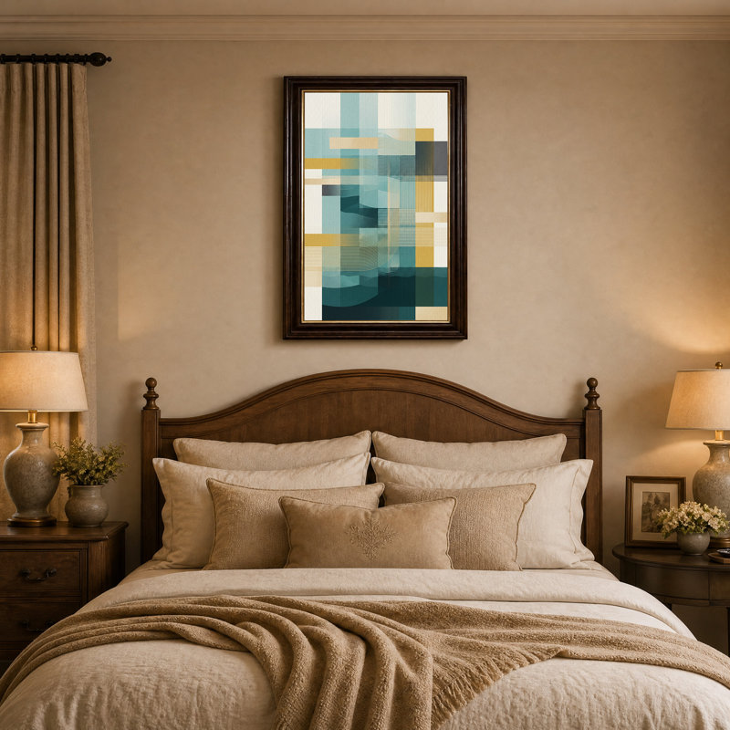 Tableau sur toile aux lignes géométriques turquoise et or, H 24 po x l 16 po