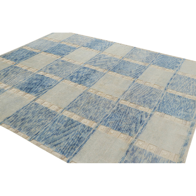 Rug & Kilim’S Scandinavian Rug In Blue And Cream With Geometric Patterns, Rectangle 10' x 14'
