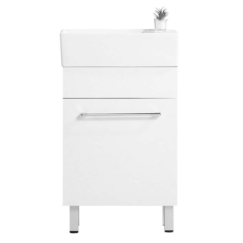 Armoire de salle de bain 19 po blanche avec lavabo en céramique - Petit meuble-lavabo en bois massif de qualité lustrée avec deux portes d'extension pour un trou de débordement élégant et facile d'accès aux fuites d'eau Choisissez votre robinet (robinet)