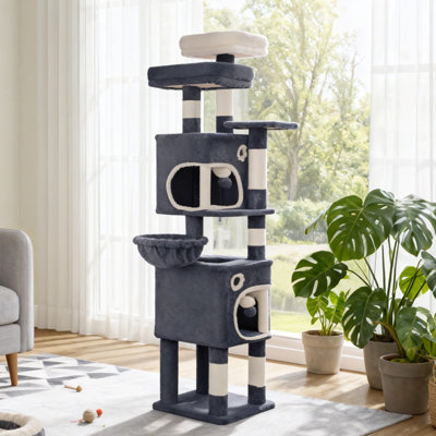 62.6" Cat Tree for Indoor Cats, Cat Tower, Multi-Level Cats Condo with 8 Scratching Posts, 3 Platforms, 2 Caves, Basket, Plush Balls, Sisal Rope, Anti-Tip Kit, Dark Gray