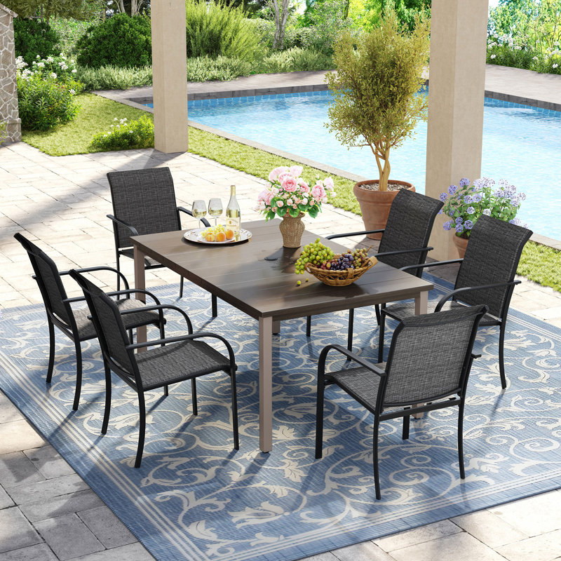 6-Person Rectangular Patio Dining Set With Stackable Textilene Chairs, Brush Wood Gray/Gray
