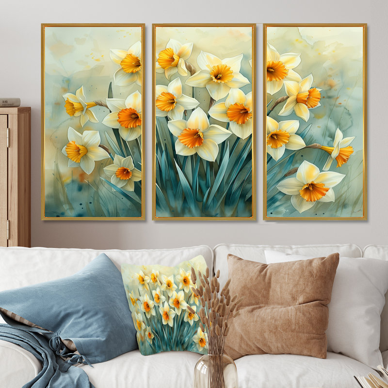 Jardin de rêves jonquilles Tiago - Ensemble de décorations murales jonquilles, Toile avec cadre flottant or