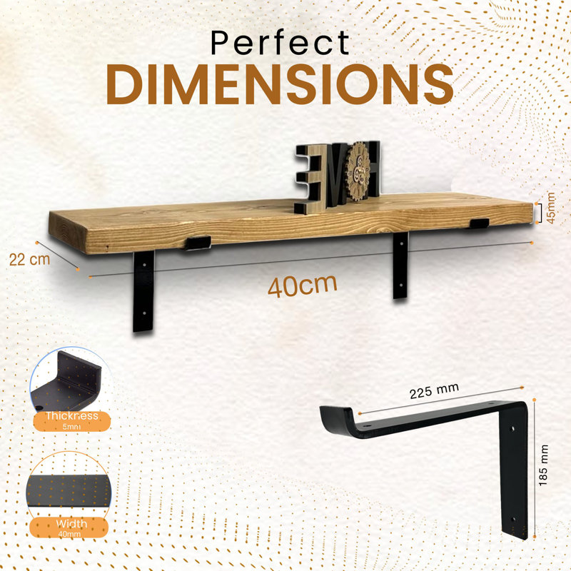 Lemieux Handcrafted Rustic Wooden Wall-Mounted Floating Shelves with Black L Brackets, 4.5cm H x 100cm W x 22cm D
