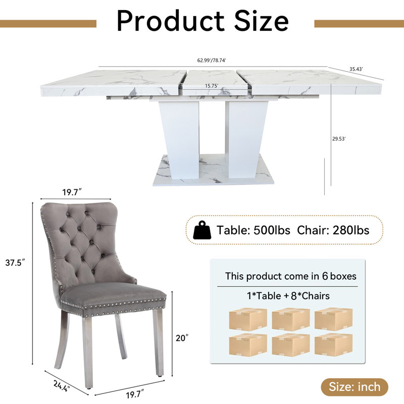 62.99" -78.74" Extendable Dining Table Set, White Dining Room Table & Velvet Dining Chairs with Stainless Leg, Rustic Kitchen Dining Table and Chairs Set, Modern Dining Table Set