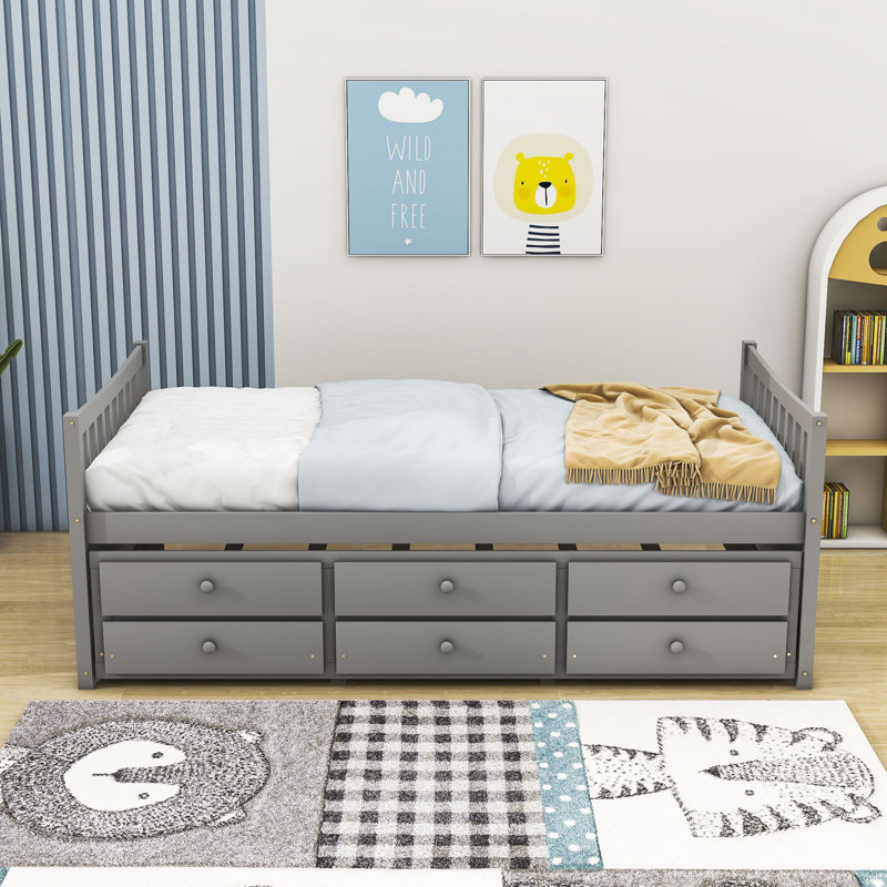 Twin Storage Platform Bed with Trundle and Drawers, Gray