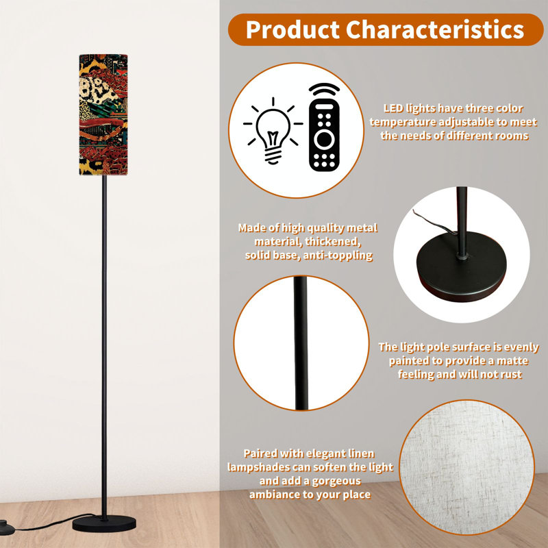  68.5" Standing Floor Lamp Traditional african fabric wild animal Dimmable Metal Pole Lamp with Linen Lampshade LED Bulb Included