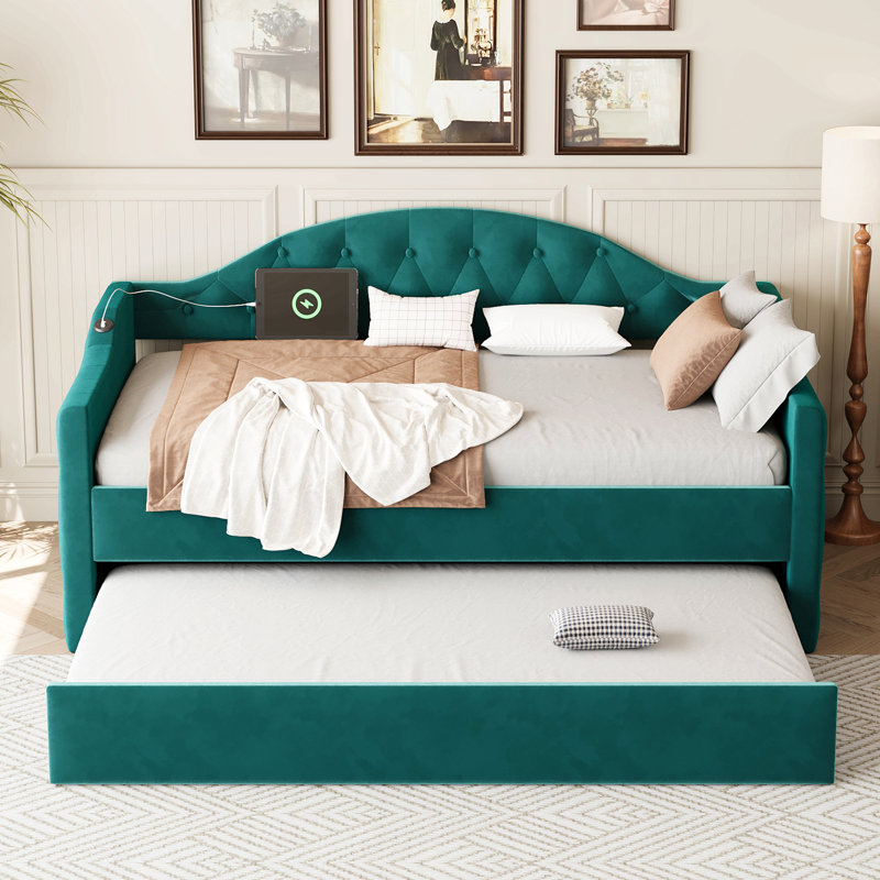Lit de jour simple rembourré capitonné avec couchette, canapé-lit en velours avec ports USB et ports de charge de type C, aucun sommier nécessaire
