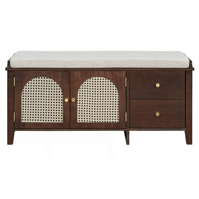 Shoe Storage Bench, Vintage Shoe Bench With Storage And Cushion, Shoe Bench With 2 Drawers And 2 Rattan Door