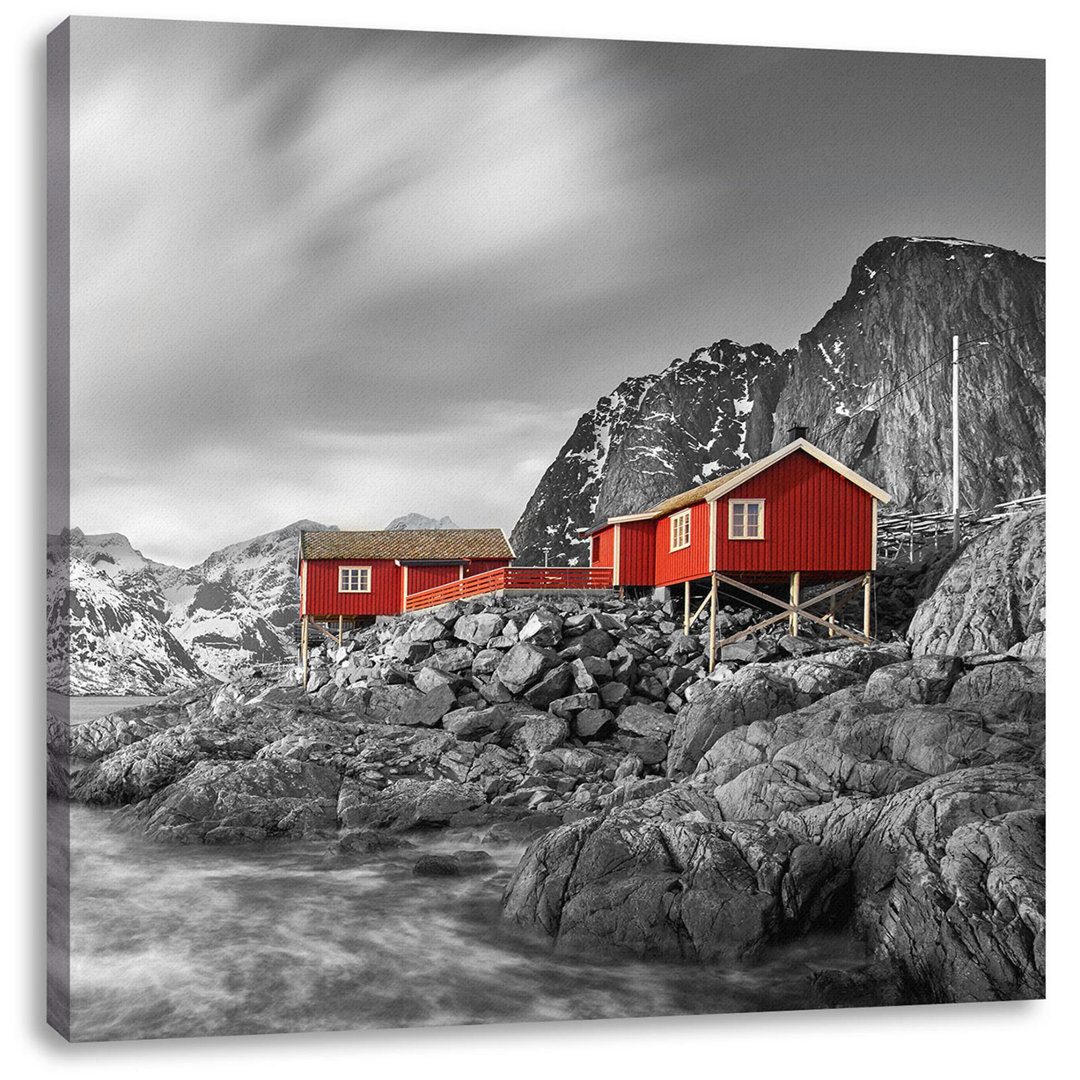 Einsames Rotes Haus Am Meer In Norwegen B&W Detail Als Leinwandbild Quadratisch