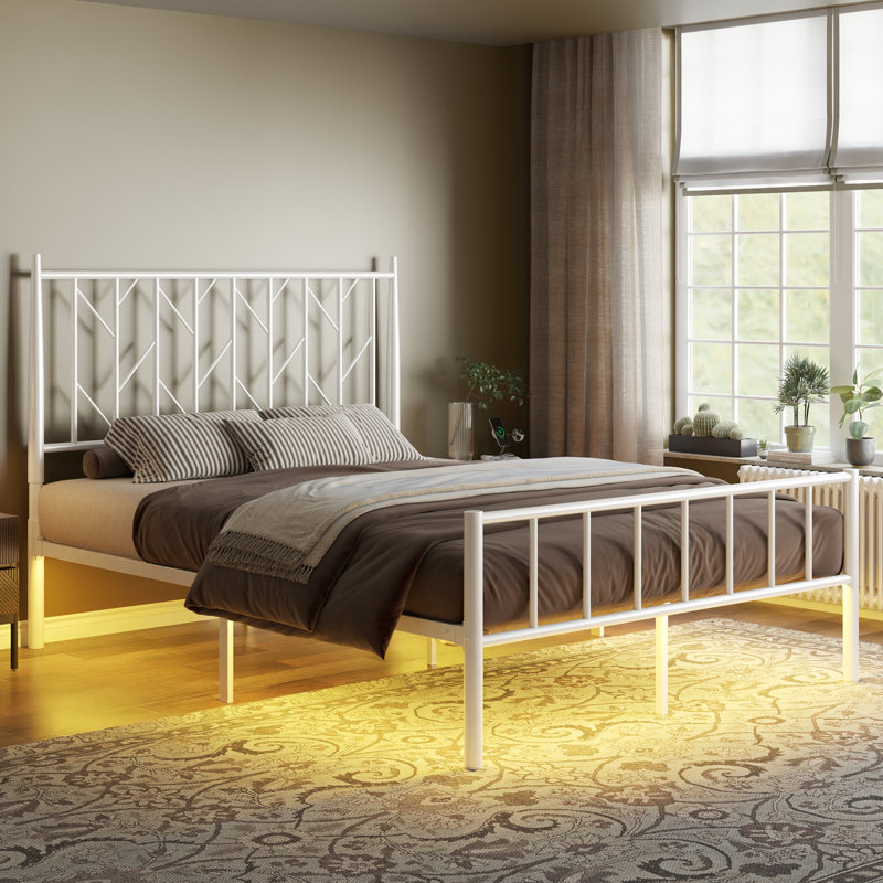Kasadie Metal Slat Storage Bed with LED Lights, Queen, White