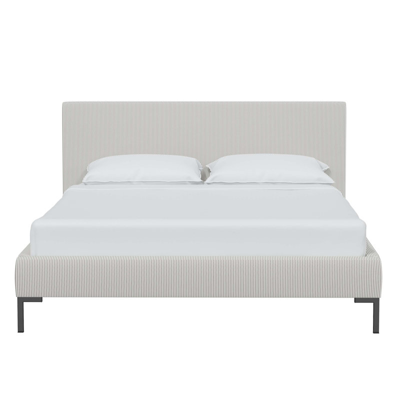 Lit plateforme tapissier Bilkis, Oxford rayé bleu marine, Double, Gris anthracite rayé Oxford