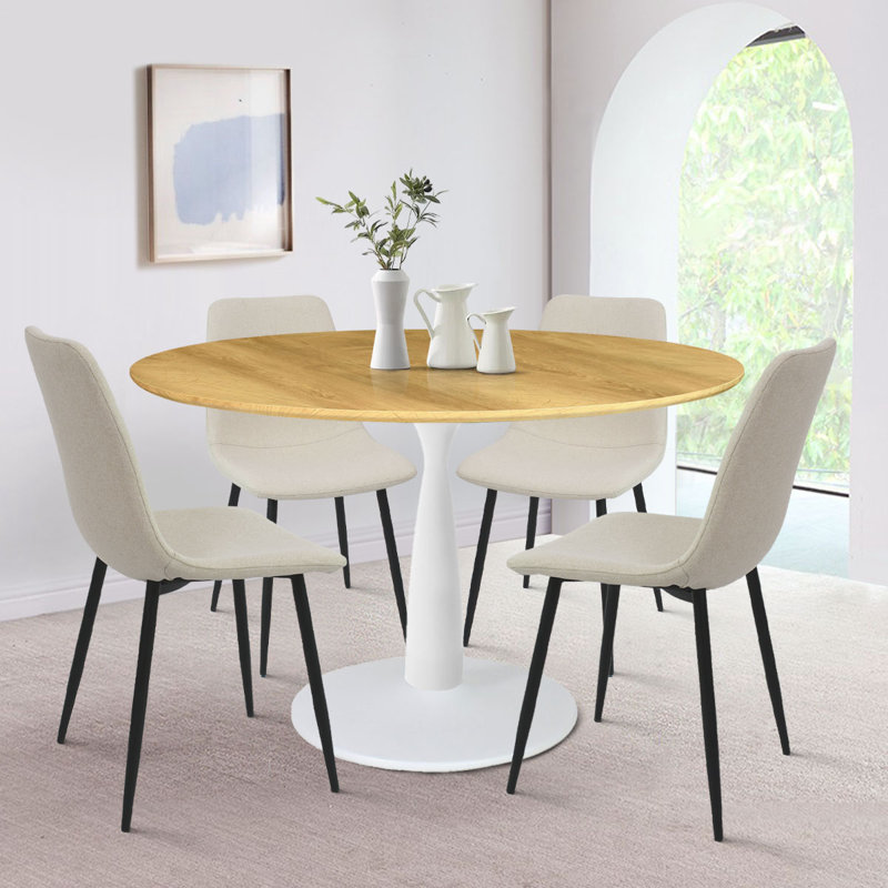 Bassey 4-Person Dining Set with 35" W Round Pedestal Table, White, Beige