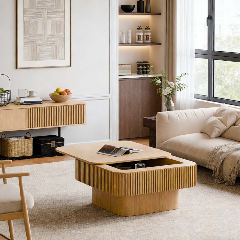 Table basse 31,5 po carrée avec rangement dissimulé, Bois naturel