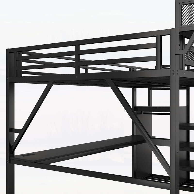 Lit mezzanine double en métal avec bureau, station de charge et escalier, idéal pour les enfants et les adolescents, conception compacte, durable et élégante