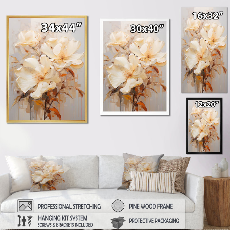 Beige Hibiscus, peinture sur toile I, Toile tendue, H 32 po x l 24 po x P 1 po