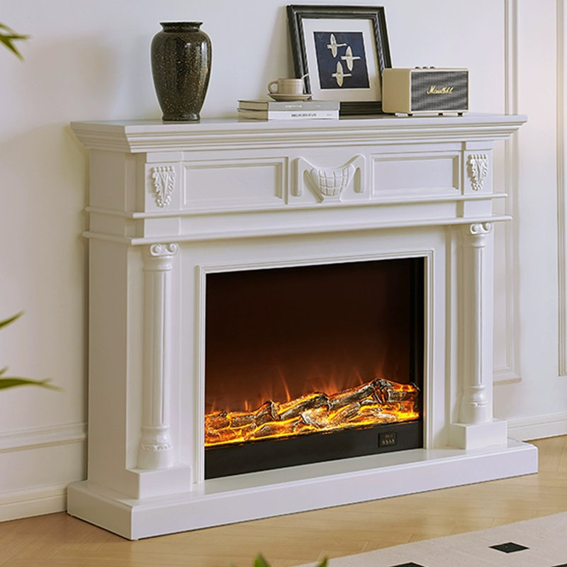 White Solid Wood Electric Fireplace