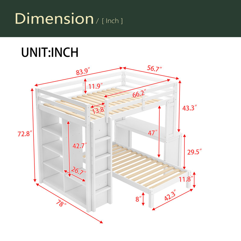 Solid Wood Bunk Beds Frame With Built-In Shelves And Wardrobe, Can Be Converted Into Loft Bed, Full over Twin, White