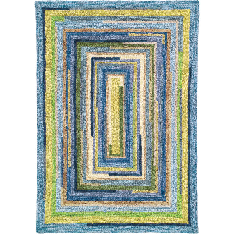 Area rug with a textured, tufted concentric rectangle pattern in blue, green, and yellow.