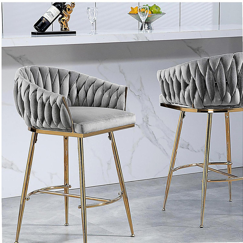 Bar stools Set of 2,velvet kitchen island counter bar stool with hand- wave back, Gray