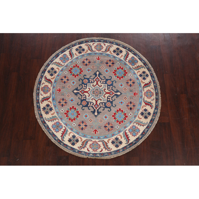 Tapis unique en laine noué à la main 4 pi 9 po gris / bleu / rouge New Age