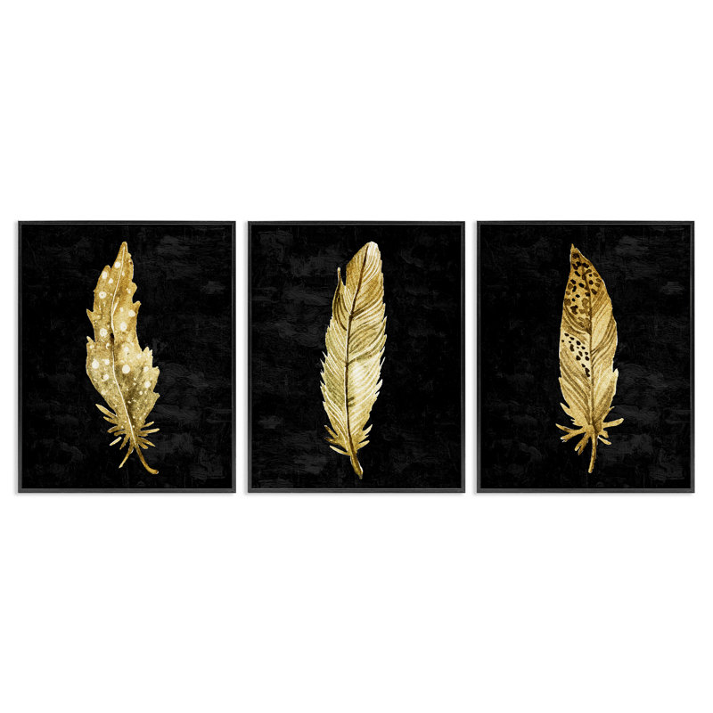 Ensemble de giclée encadrée 3 pièces Black & Gold Feathers, design par Kim Allen, H 20 po x l 16 po