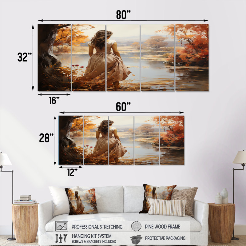 Automne, rêve romantique, paysage, ensemble d'art mural 5 pièces, H 32 po x l 80 po