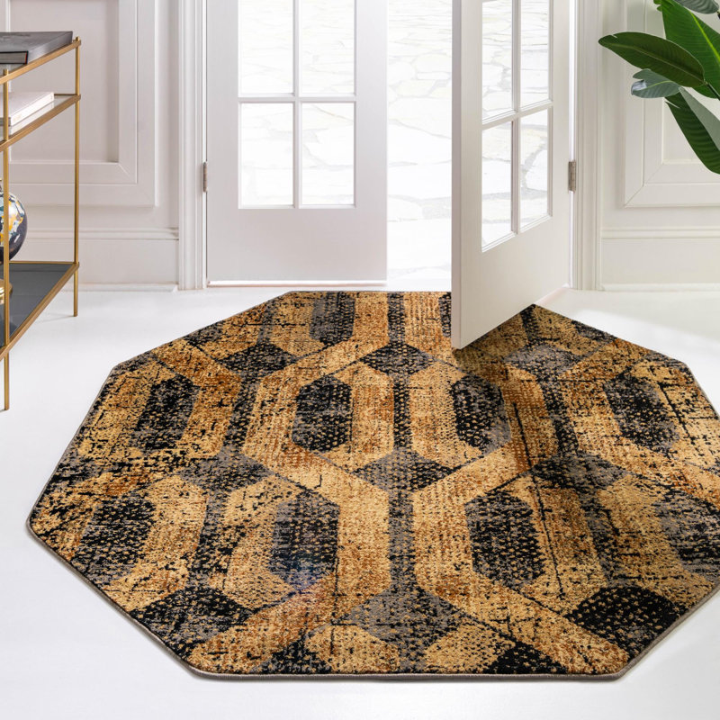 Tapis contemporain de couleur noire-grise, Octogone 3 pi 3 po x 3 pi 3 po