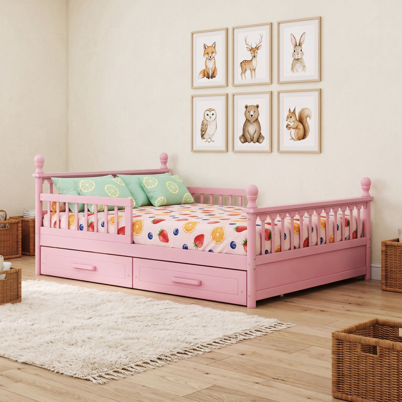 Lit plateforme en bois avec deux tiroirs de rangement et rails latéraux, Lit double, Rose