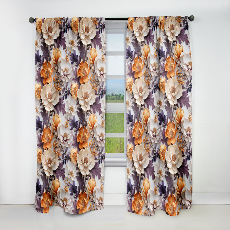 Beige And Purple Cottage Flowers Composition Velvet Blackout Single Curtain Panel, 52" W x 120" L