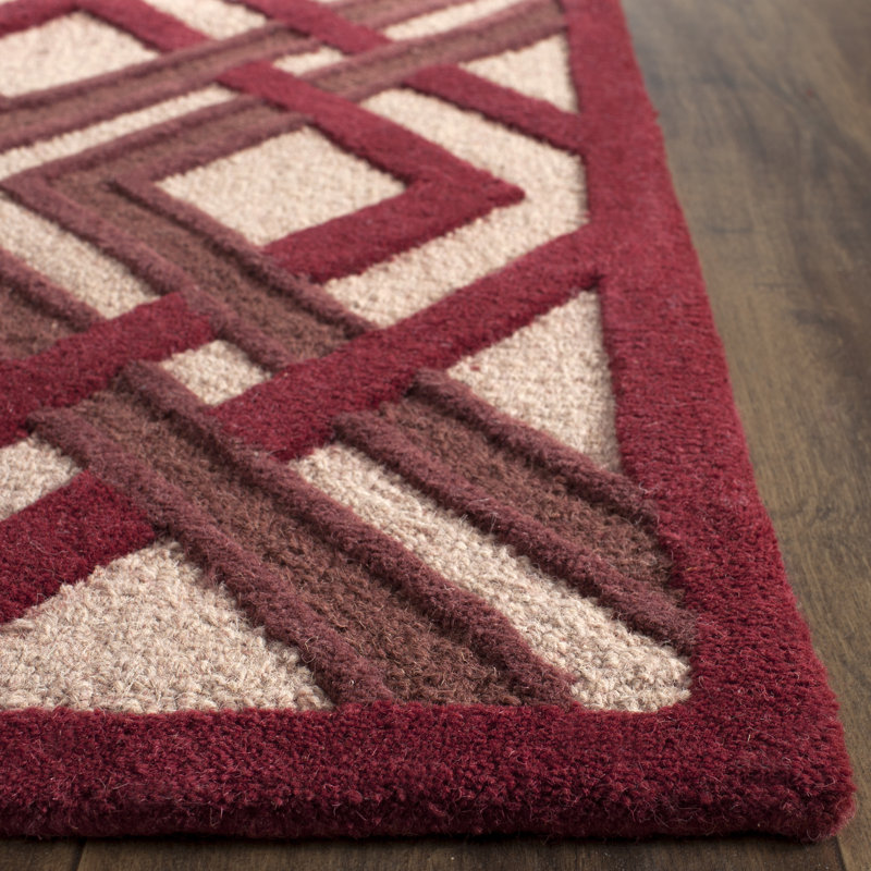 Tapis ivoire / rouge en laine touffeté à la main Lattice, Tapis de couloir 2 pi 3 po x 8 pi