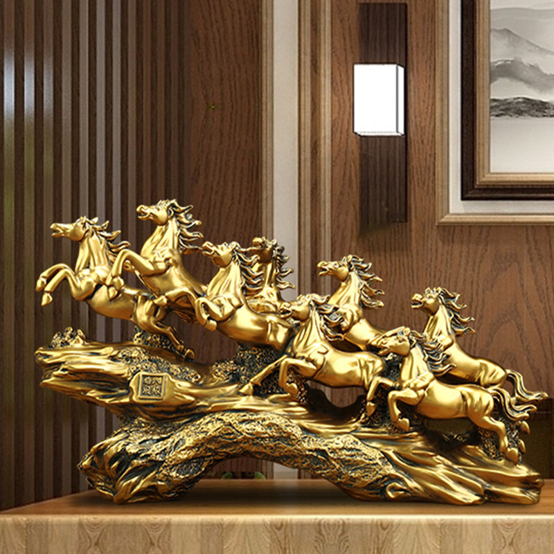 Statue de huit chevaux au galop, sculpture de cheval en laiton doré pour le succès et la prospérité, ensemble de figurine de cheval de course dynamique sur base effet bois, bureau H 8,3 po pour le bureau et le salon