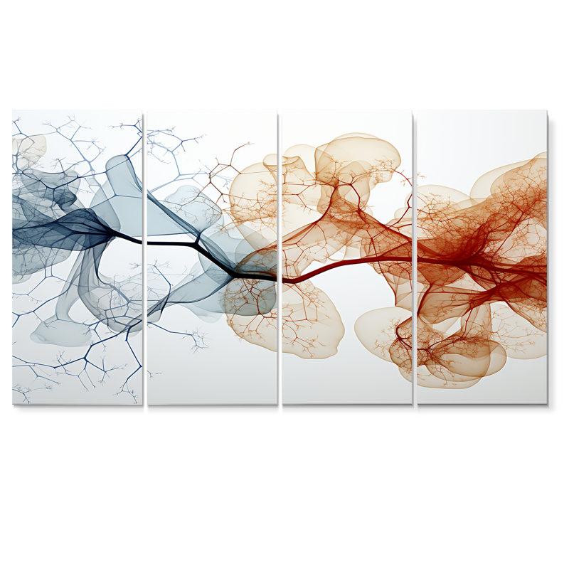 Mycelium Structures, orange, bleu, art abstrait sur toile, vagues modernes, 4 pièces, H 28 po x l 48 po