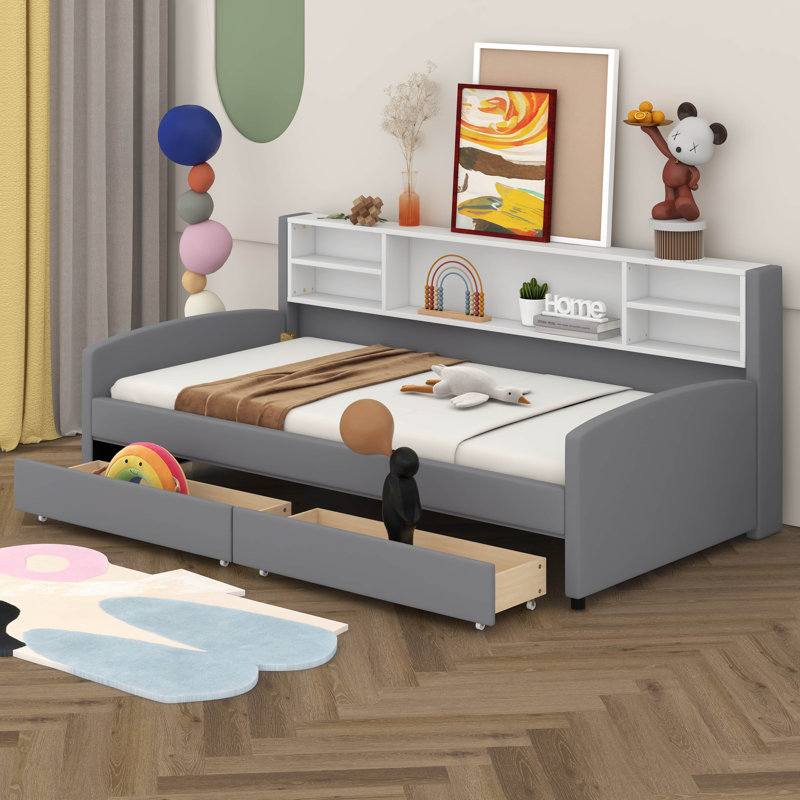  Lit plateforme tapissier simple avec rangement et tiroirs Lienke, Gris