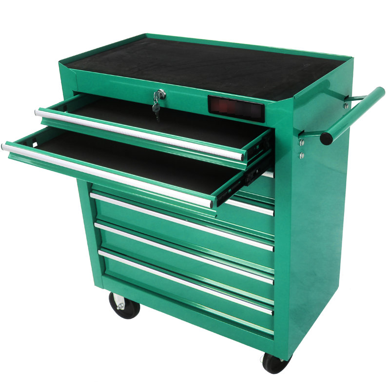 Chariot à outils 7 tiroirs avec roues, verrouillable, glissière à roulement de capacité de 15 kg, caractéristique évidente en acier laminé à froid, thermolaqué, atelier verrouillable à 4 freins et 2 roues