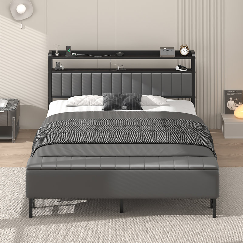 Modern Upholstered Platform Bed with a Starry Sky Projector, Built-in Storage Bench, Convenient Charging Station, Easy Assembly