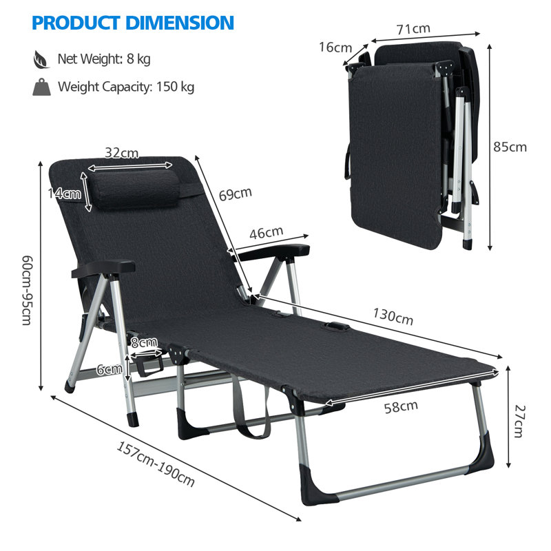 Agnija 190cm Long Reclining Single Sun Lounger, Black
