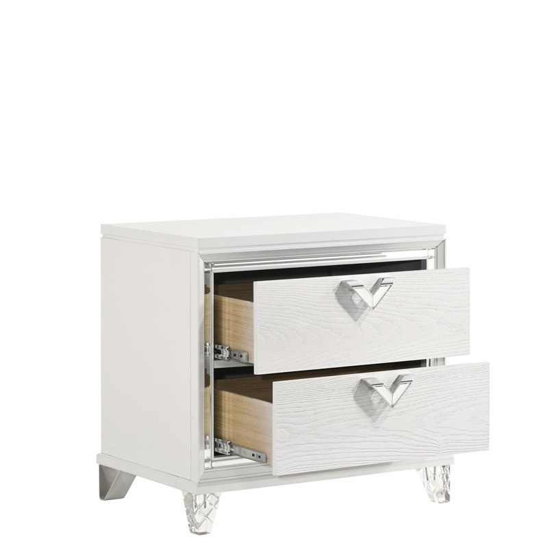 Table de chevet 2 de style moderne avec poignées à DEL et en V en blanc pour la chambre à coucher, 2 tiroirs et poignée en V