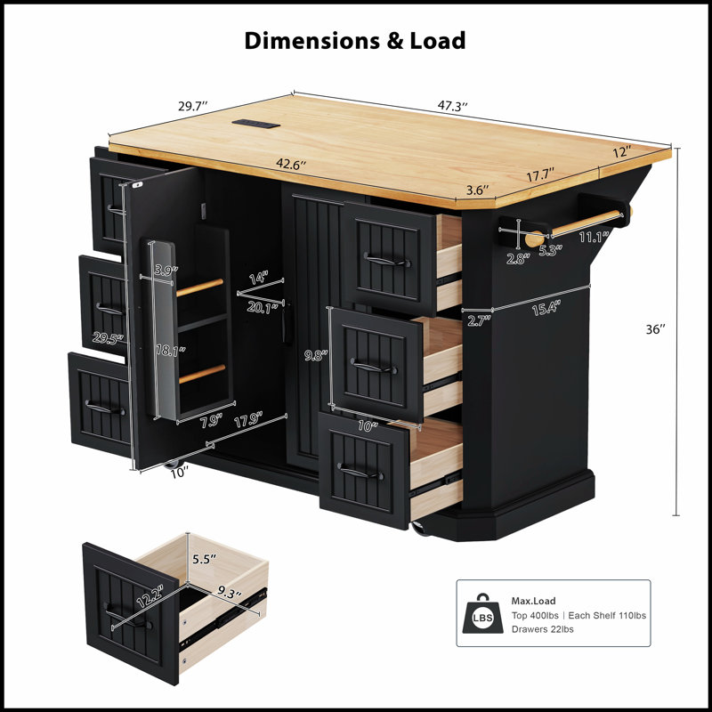 56 Inch Rustic Rolling Kitchen Island with Drop Leaf, Power Outlet, and Ample Storage on Wheels
