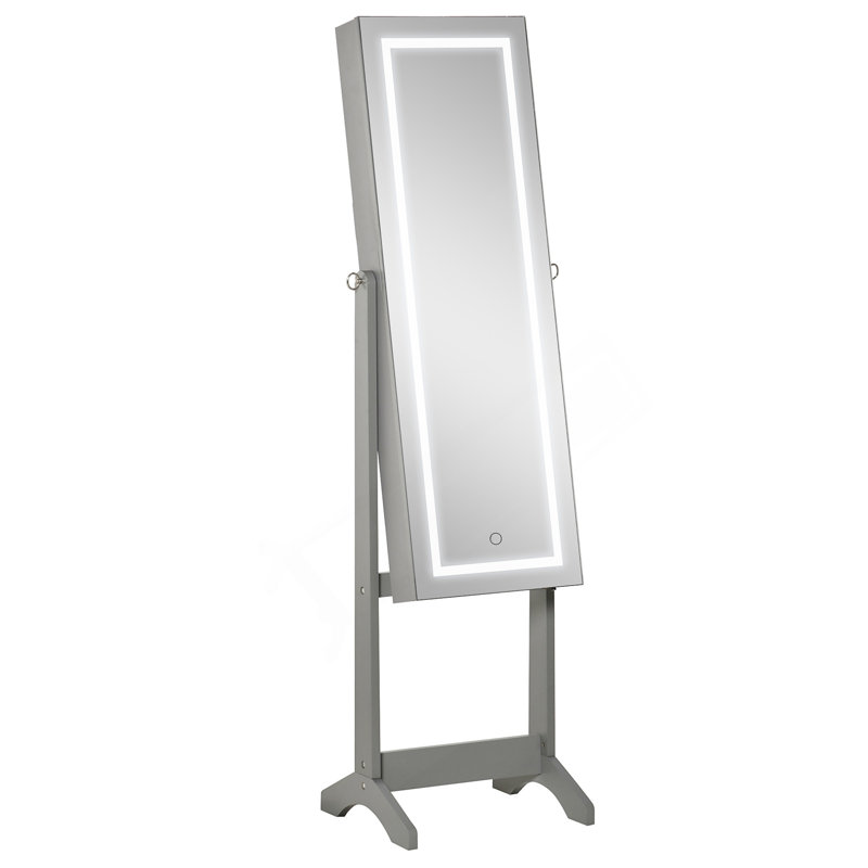 Floor Standing Jewelry Cabinet with LED Light, Lockable Organizer, and Full-Length Mirror with 4 Adjustable Angles, Gray