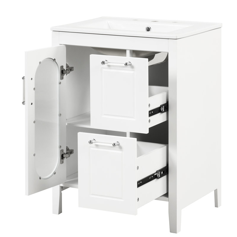 Meuble-lavabo 24 po avec lavabo, armoire en bois massif blanc et planches, tablette réglable, deux tiroirs, armoire moderne avec porte et tablette