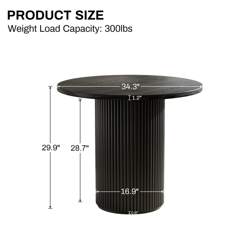 Pedestal Elegant Wood Texture Round Dining Table, 29.9”H x 35.6”L x 35.6”W, Black