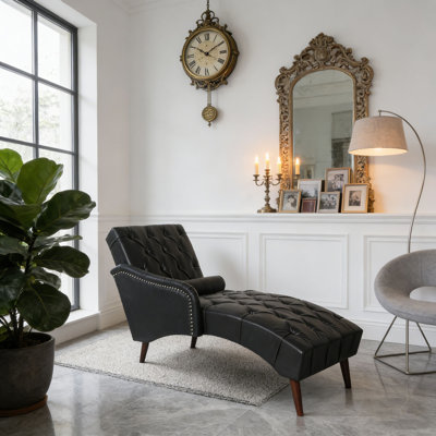 Luxurious Indoor Chaise Lounge Arm Chair – Premium PU Leather, Tufted Back, Solid Wood Legs