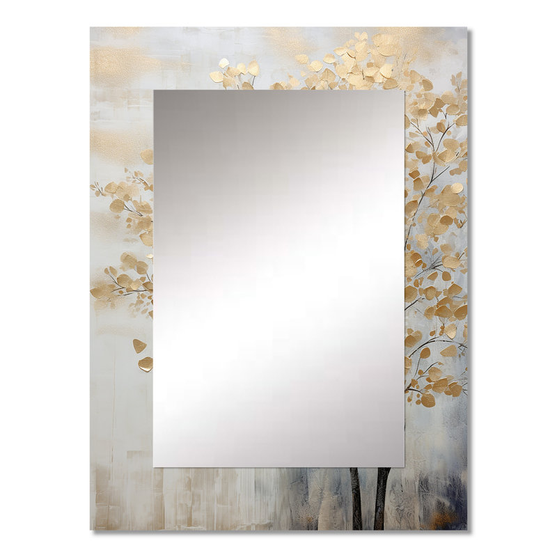 Minimalisme doré et scène d'arbres bleus - miroir mural unique, miroir traditionnel, art en métal, 32 po x 24 po