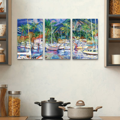 Ensemble de 3 panneaux d'art mural - "Lahaina Marina", art mural sur toile pour salon, chambre à coucher ou bureau 
