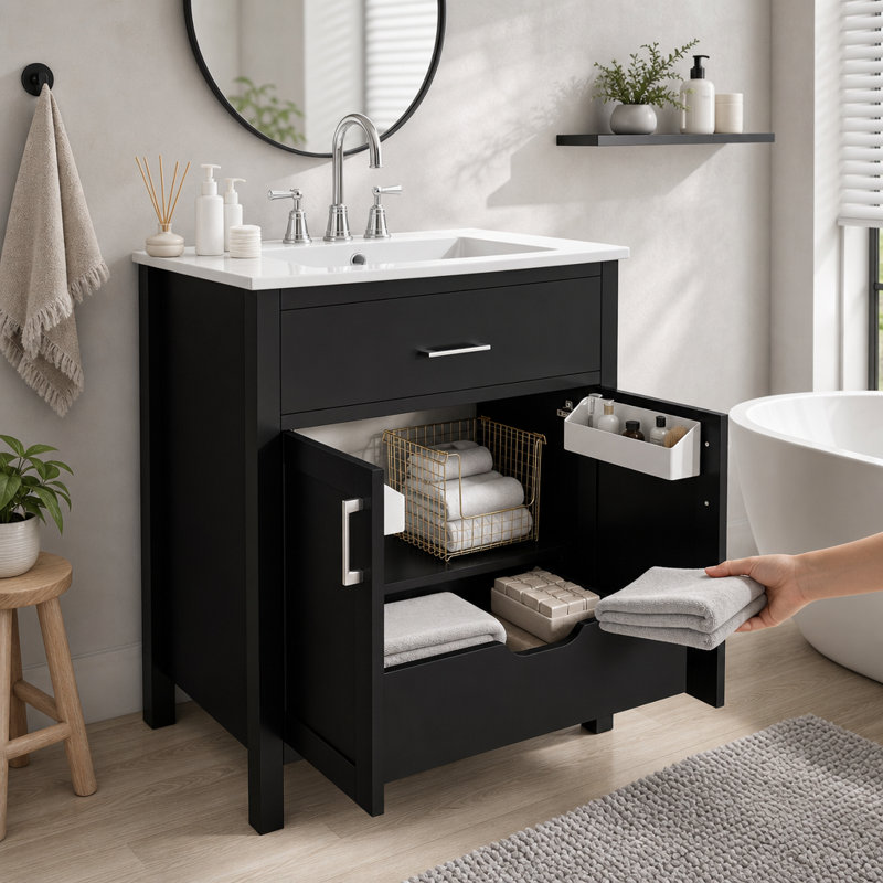 Meuble-lavabo autoportant classique noir avec quincaillerie chromée et rangement superposé