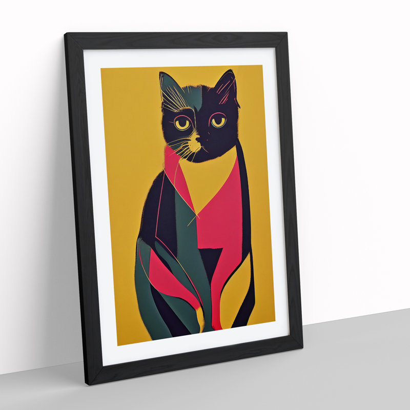 Colourful Cat No.4 Abstract - Wall Art, Black Framed, 36cm H x 27cm W x 2cm D, White