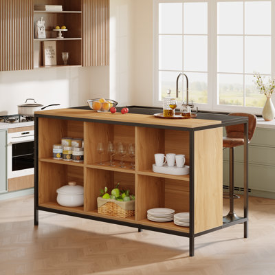 Modern 63" W Kitchen Island Table With Seating and 6 Spacious Storage and Breakfast Counter Table for Dining Room Kitchen