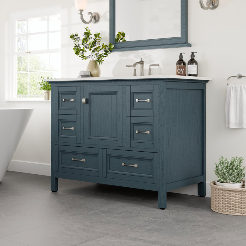 Meuble-lavabo double en porcelaine encastrable l 60 po x P 22 po Glebs, Bleu cendré, Quartz - blanc de Carrare